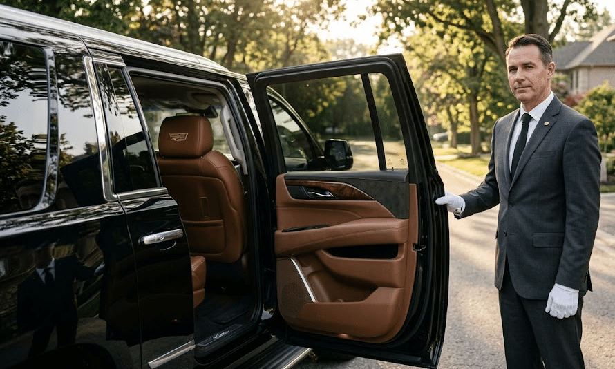 Uniformed chauffeur opening the door of a black luxury SUV