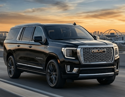 Black GMC Yukon XL driving on highway toward airport terminal for Hamilton airport limo transfers.