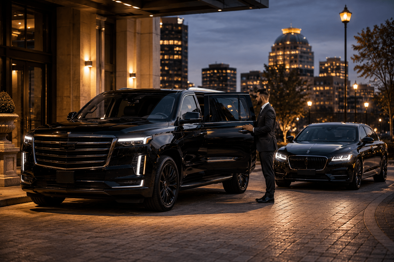 Black Cadillac Escalade ESV and luxury sedan parked for executive Hamilton limo service