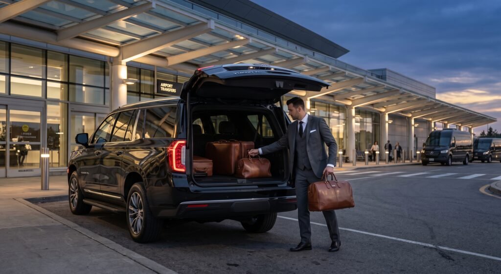 Professional chauffeur loading luggage into black luxury SUV outside Toronto Pearson Airport Terminal 1