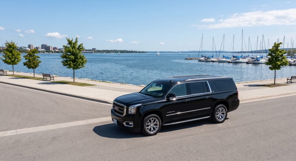 Chauffeur driven black luxury SUV parked along Kempenfelt Bay waterfront marina in Barrie