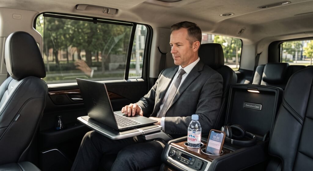 Corporate executive working on a laptop inside a luxury chauffeur driven vehicle on Highway 400