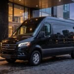 Executive black Mercedes-Benz Sprinter passenger van limo service staged in downtown Toronto