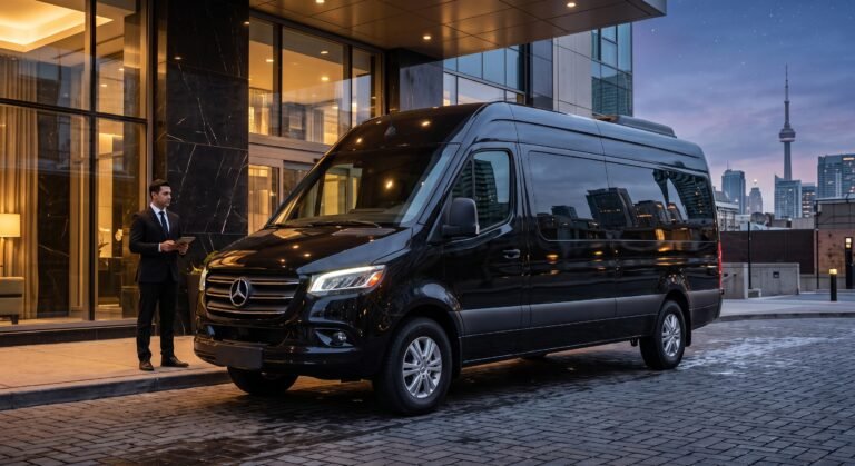 Executive black Mercedes-Benz Sprinter passenger van limo service staged in downtown Toronto