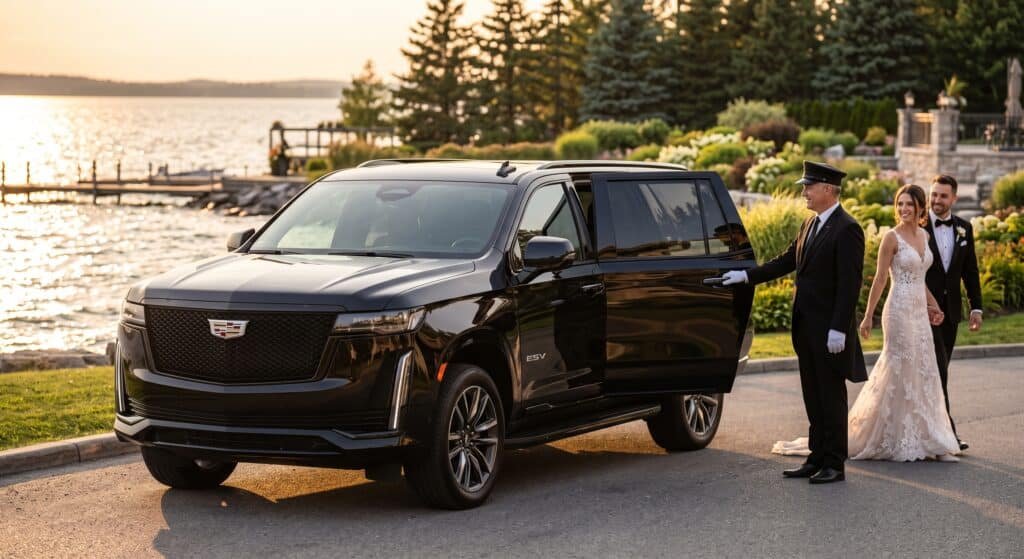 Alt Text: Luxury chauffeur opening door of black GMC Yukon XL for a bride and groom at a Simcoe County lakeside venue
