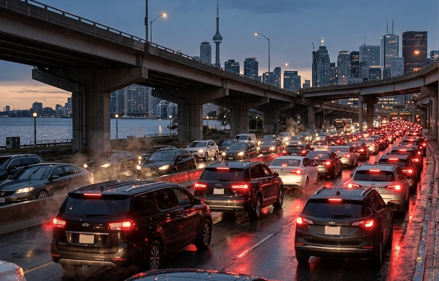 Heavy evening Ontario Place concert traffic and vehicle bottlenecks along Lake Shore Boulevard West near Gardiner Expressway