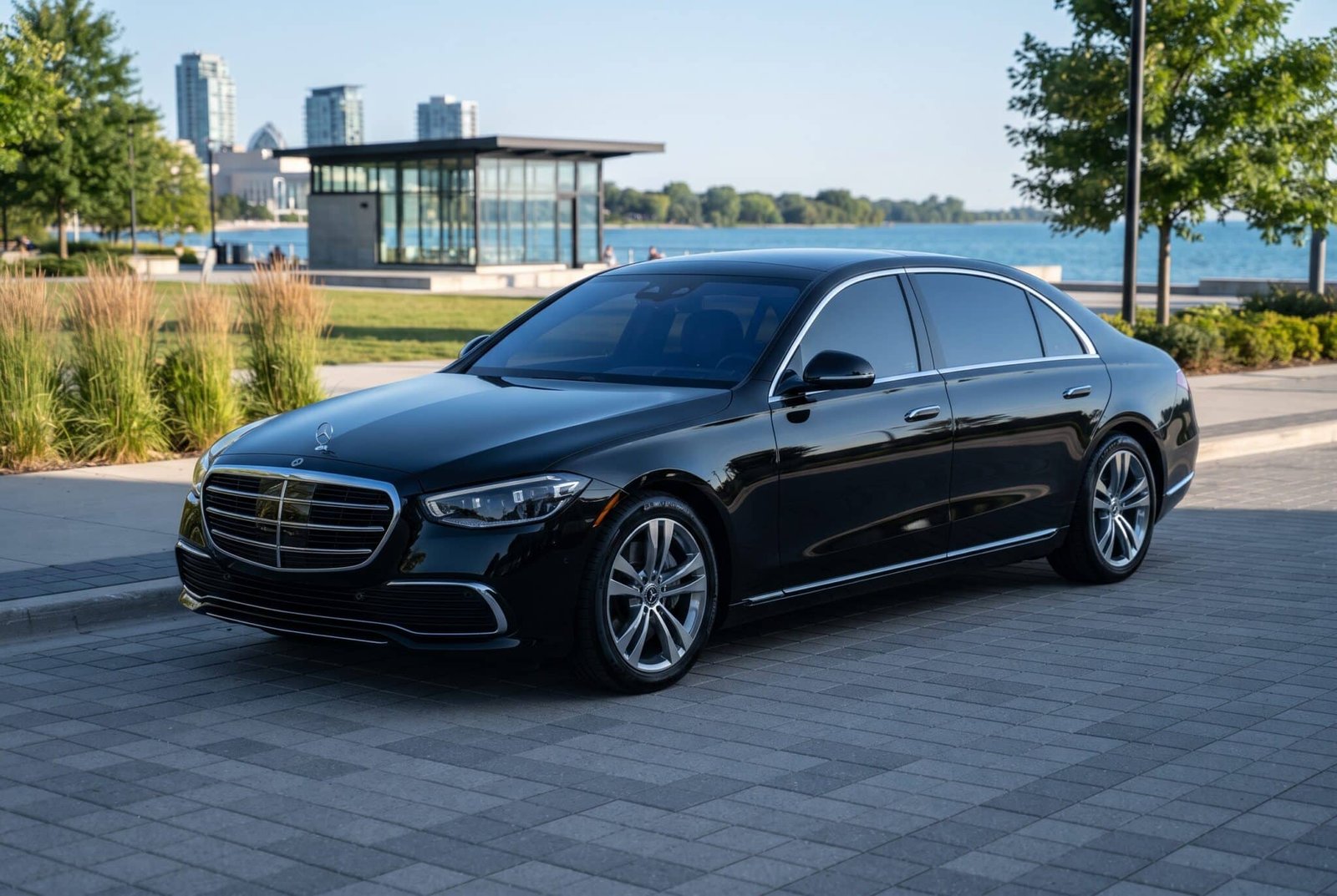 Black executive sedan limousine parked near the downtown Burlington waterfront promenade offering private chauffeur service