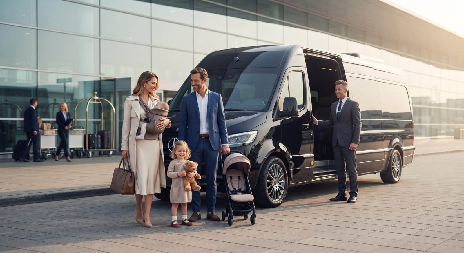 Family traveling with young children boarding an executive Mercedes-Benz Sprinter van equipped with child car seats in Toronto.