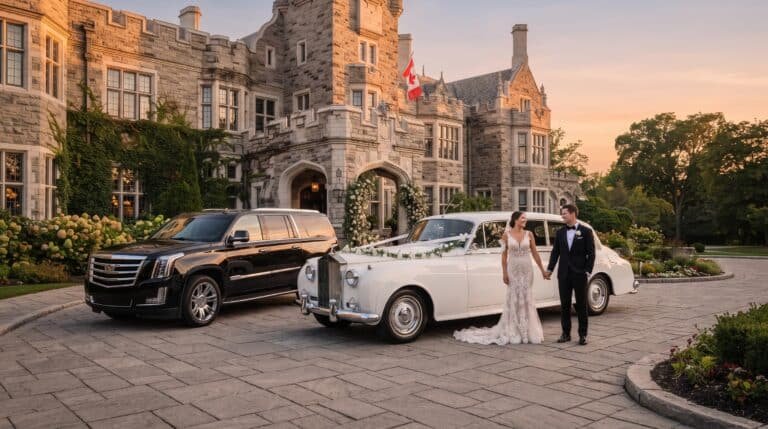Luxury wedding limousine and bridal SUV fleet parked outside a premier Toronto ceremony venue