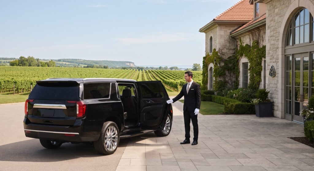 Professional chauffeur assisting passengers arriving at a Niagara-on-the-Lake estate vineyard in an executive black SUV