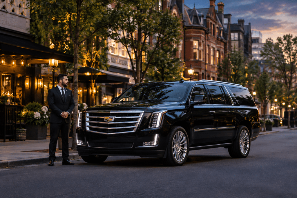 Chauffeured luxury SUV providing private city tours and evening dining transfers in Yorkville Toronto