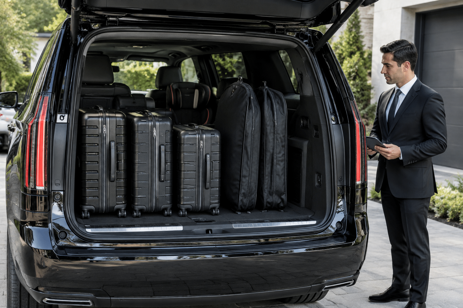 Extended luxury SUV rear cargo compartment holding full luggage sets for Burlington airport travel