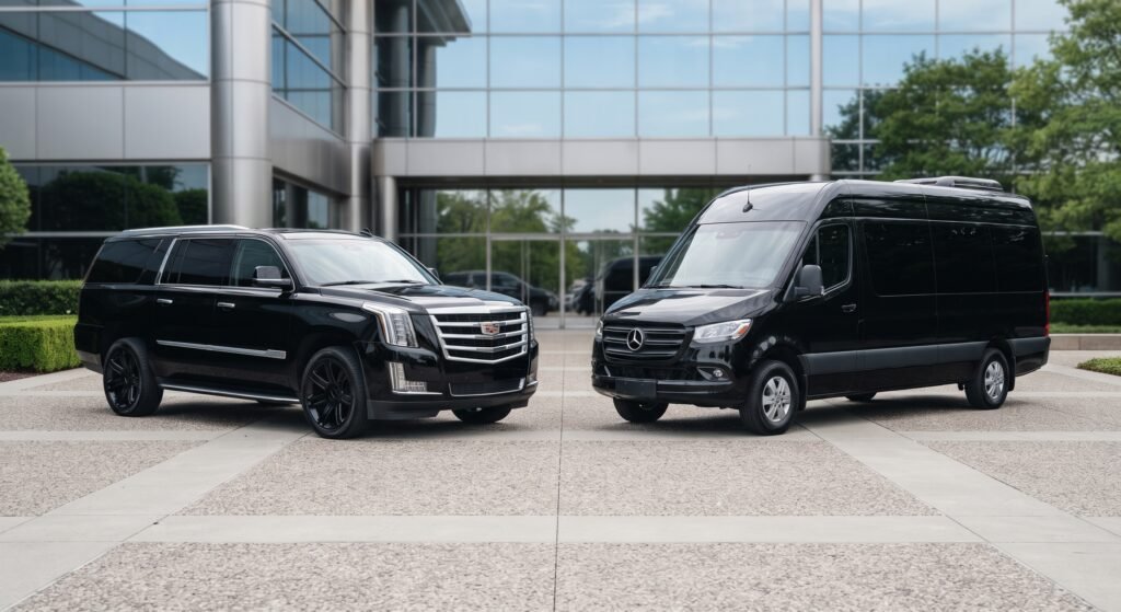 Corporate transportation fleet including executive SUVs and Mercedes Sprinter vans in Toronto