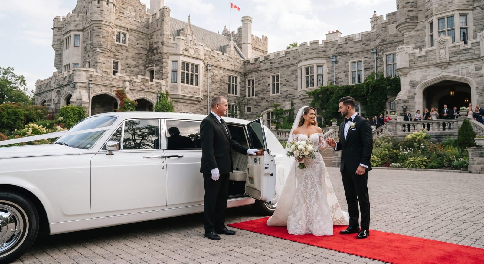 Luxury limousine staged for wedding transportation near Spencer's at the Waterfront in Burlington