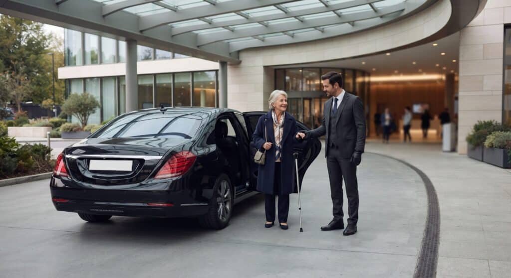 Chauffeur helping an older woman with a cane out of a black sedan at a hospital entrance, appointment rides in Ajax