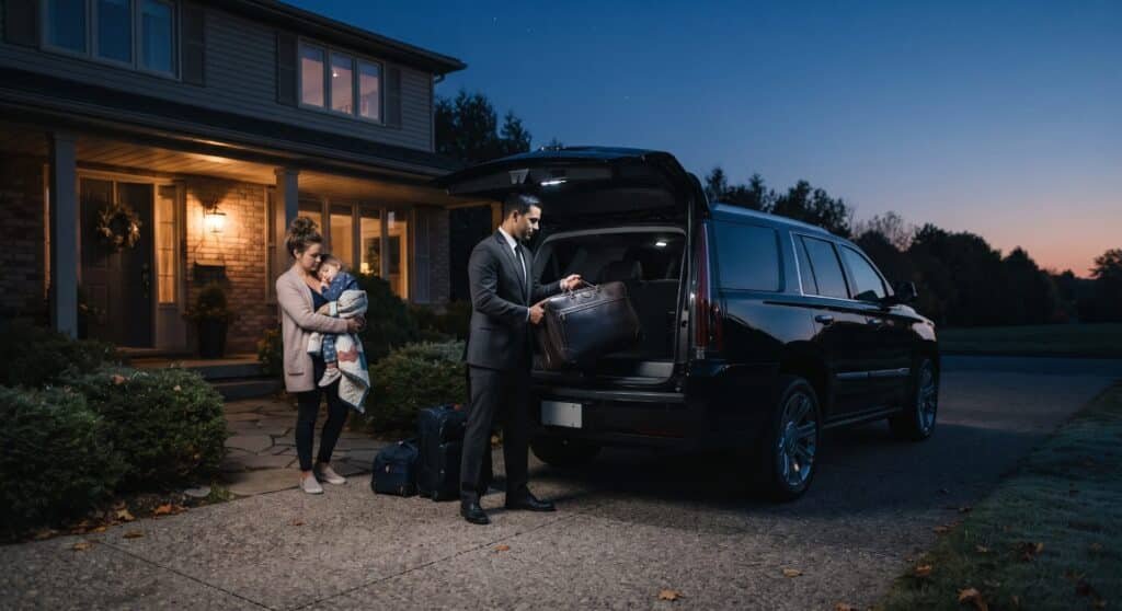 Chauffeur loading luggage into a black SUV before dawn while a mother holds a sleeping child, Ajax limo service for early flights