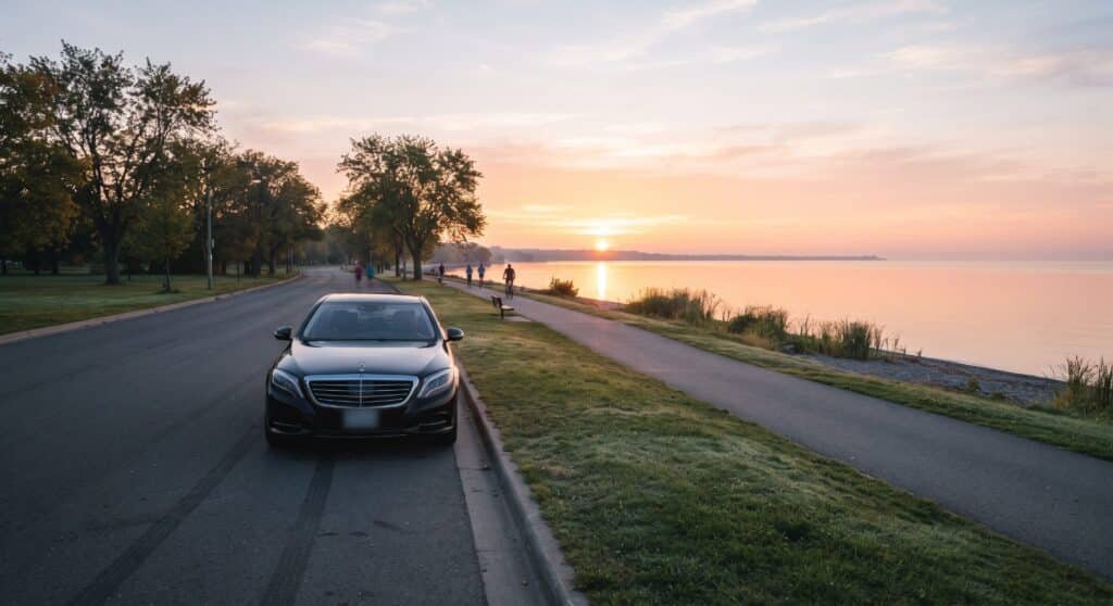 Black Mercedes sedan parked beside a Lake Ontario waterfront trail at sunrise, chauffeur service in Ajax