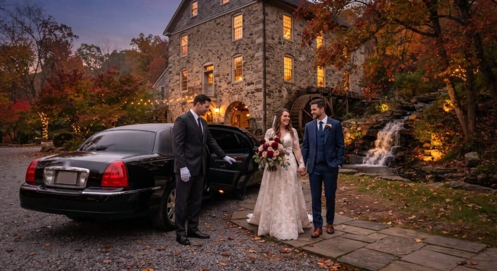 Chauffeur in white gloves holding the door of a black stretch limousine for a bride and groom outside a stone mill venue with a waterfall in autumn