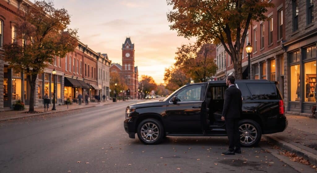 Chauffeur by the open door of a black SUV on a historic brick main street with a clock tower at sunset, Aurora limo service
