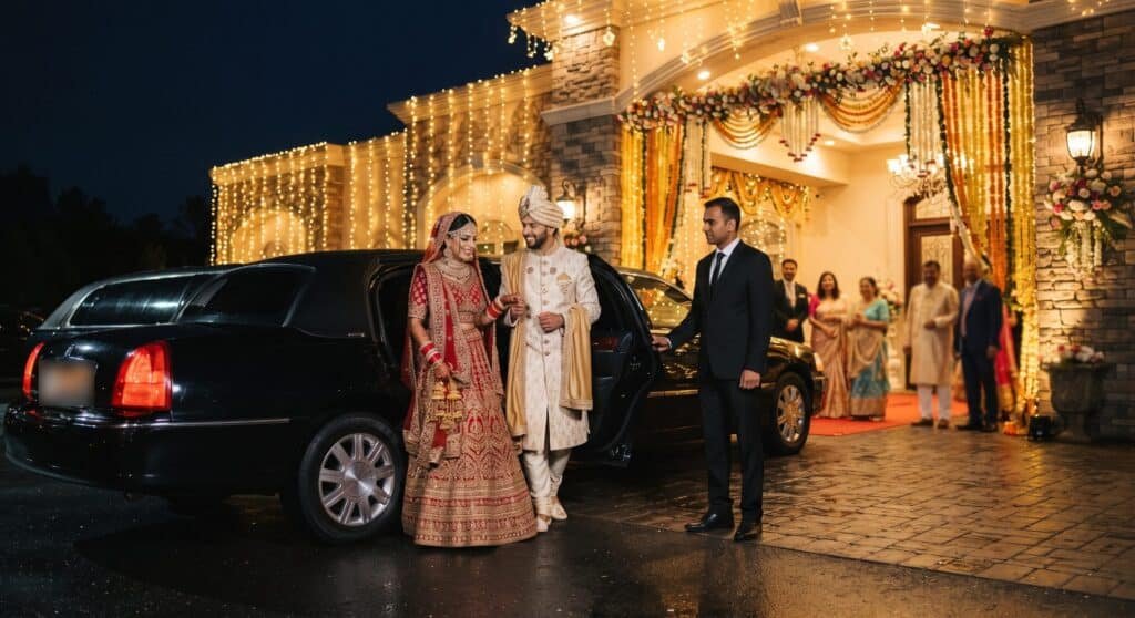 Bride and groom stepping out of a black stretch limousine at a lit banquet hall in Brampton, with the chauffeur holding the door
