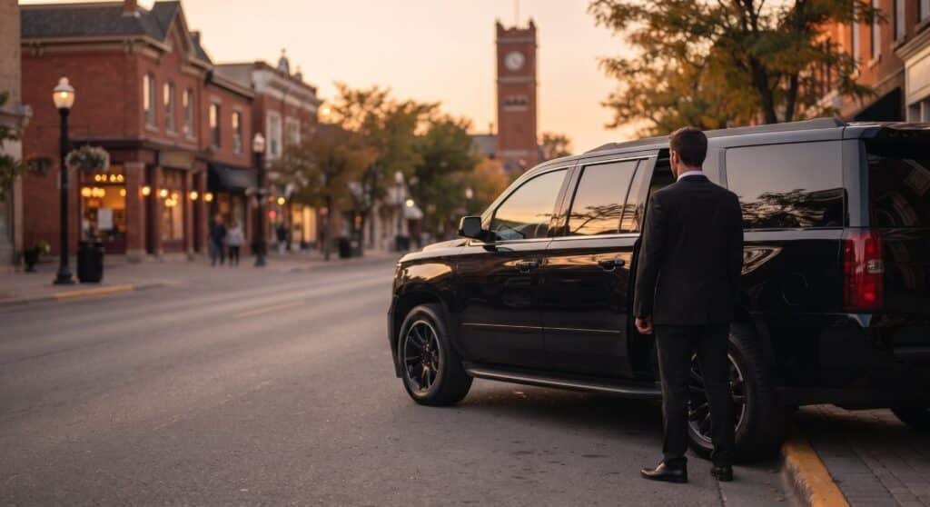 Chauffeur in a black suit beside a black SUV on a downtown Brampton street at sunset, Brampton limo service