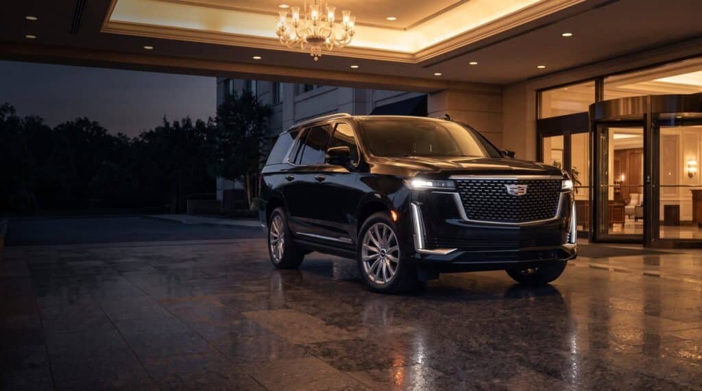 Black Cadillac Escalade waiting under a hotel entrance canopy at dusk