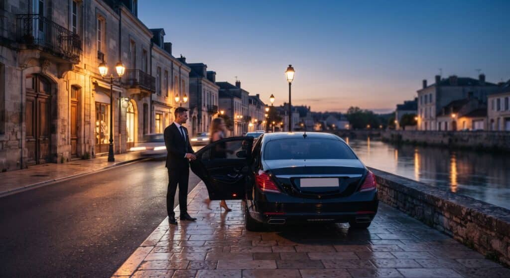 Chauffeur in a black suit opening the rear door of a black luxury sedan on a riverside stone street at dusk, Cambridge limo service