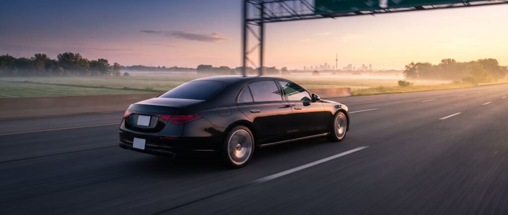 Black executive sedan driving on the highway at sunrise toward the Toronto skyline, flat-rate limo from Cambridge