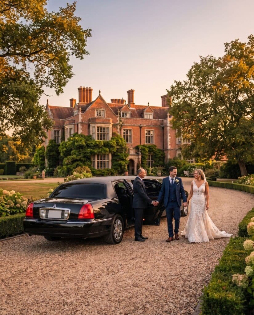 Chauffeur greeting a bride and groom beside a black stretch limousine on the gravel drive of a red-brick country estate