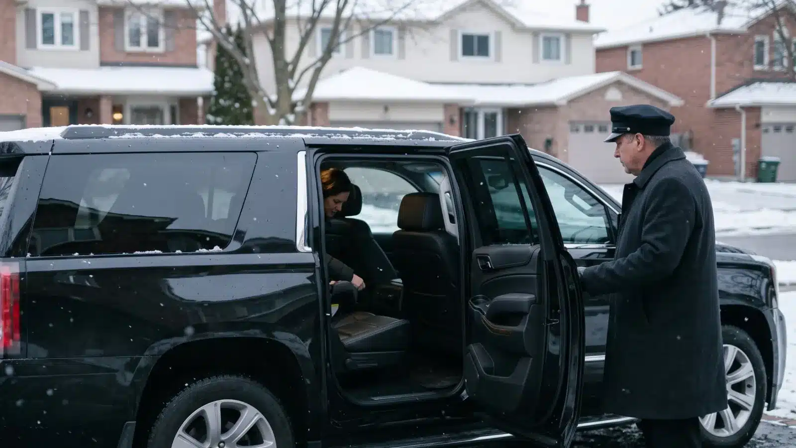 Chauffeur holding the rear door of a black SUV on a snowy suburban street while a parent checks the child seat before a family ride