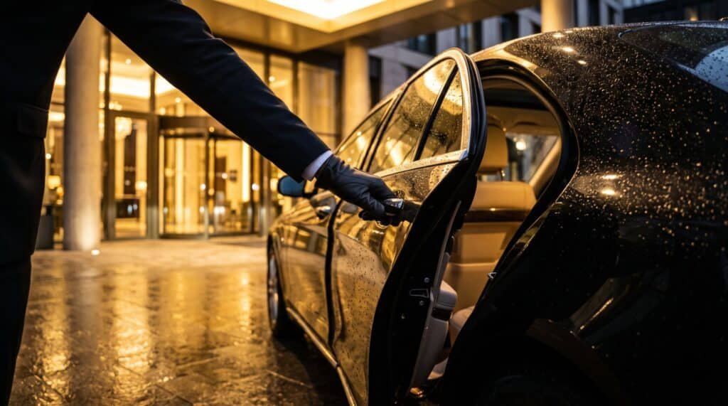 Chauffeur in white gloves opening the rear door of a black luxury sedan outside a Toronto hotel