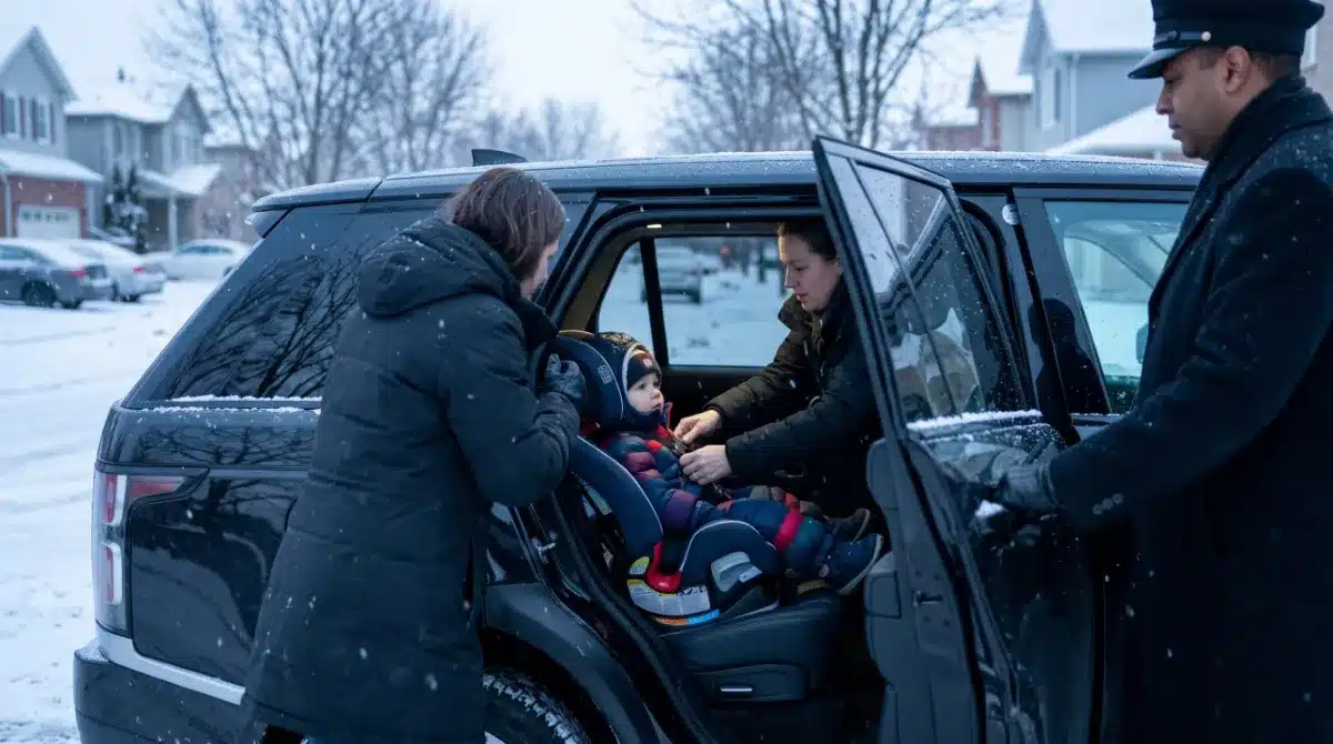Parents buckling a toddler into a car seat installed in the back of a black SUV on a snowy street while a chauffeur holds the door