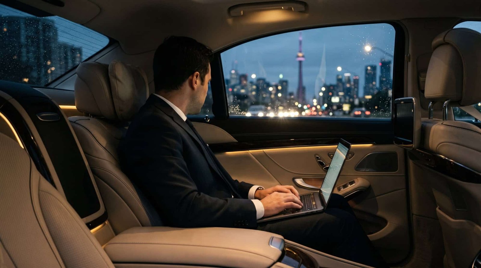 Executive working in the rear seat of a corporate limo in Toronto