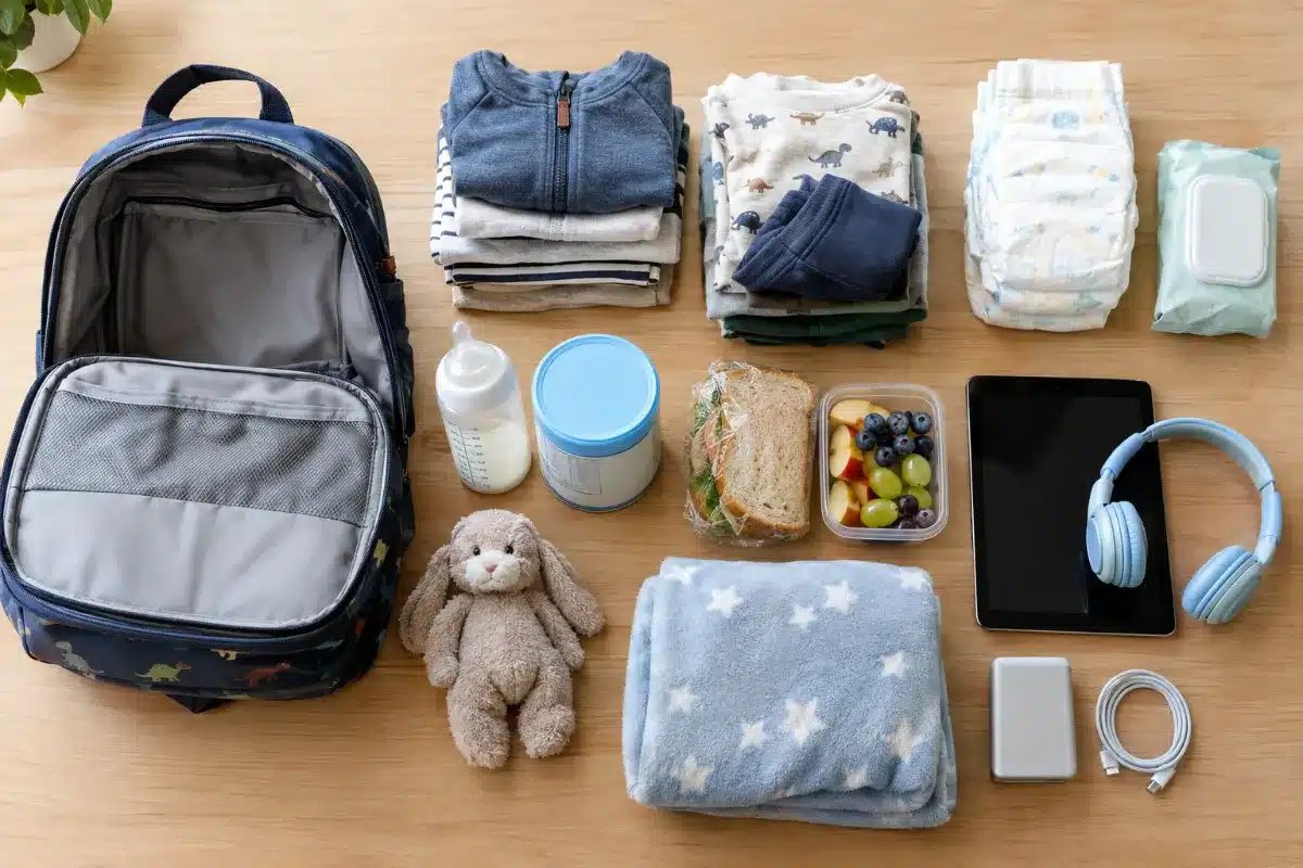 Child carry-on backpack with spare clothes, diapers, wipes, formula, a sandwich, fruit, tablet, headphones, power bank, blanket and a stuffed toy