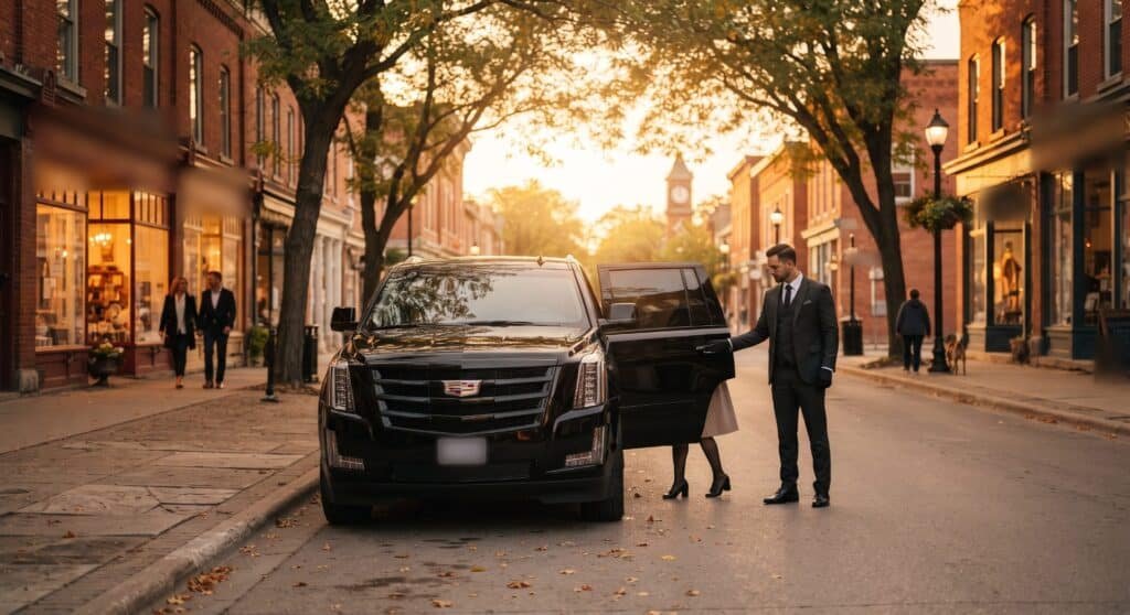 Chauffeur holding the rear door of a black Cadillac Escalade on a tree-lined heritage main street at golden hour, Durham Region limousine service
