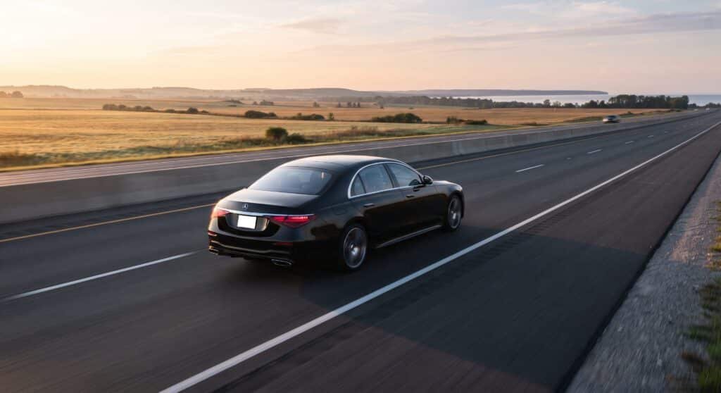 Black Mercedes sedan on an open multi-lane highway at sunrise past farmland and a lake shoreline, car service from Durham Region to Toronto Pearson