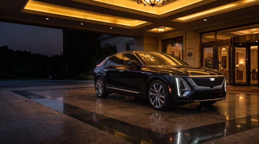 Black Cadillac business-class car waiting under a hotel entrance canopy at dusk