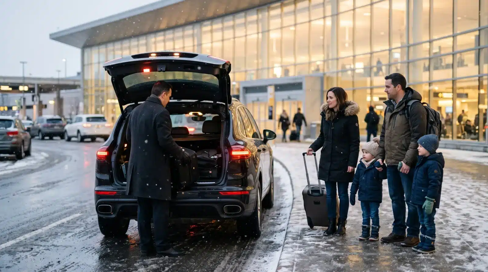 Chauffeur loading suitcases into a black SUV at a snowy airport departures curb while a family with two young children waits