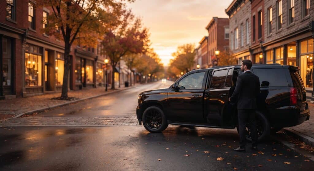 Chauffeur opening the door of a black SUV on a brick main street with autumn trees and lit shop windows at sunset, Georgetown limousine service