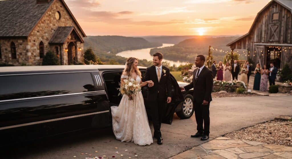 Bride and groom stepping out of a black stretch limousine at a stone chapel and barn venue above a river valley at sunset, chauffeur holding the door