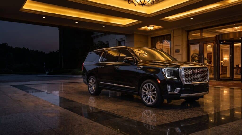 Black GMC Yukon XL executive SUV waiting under a hotel entrance canopy at dusk