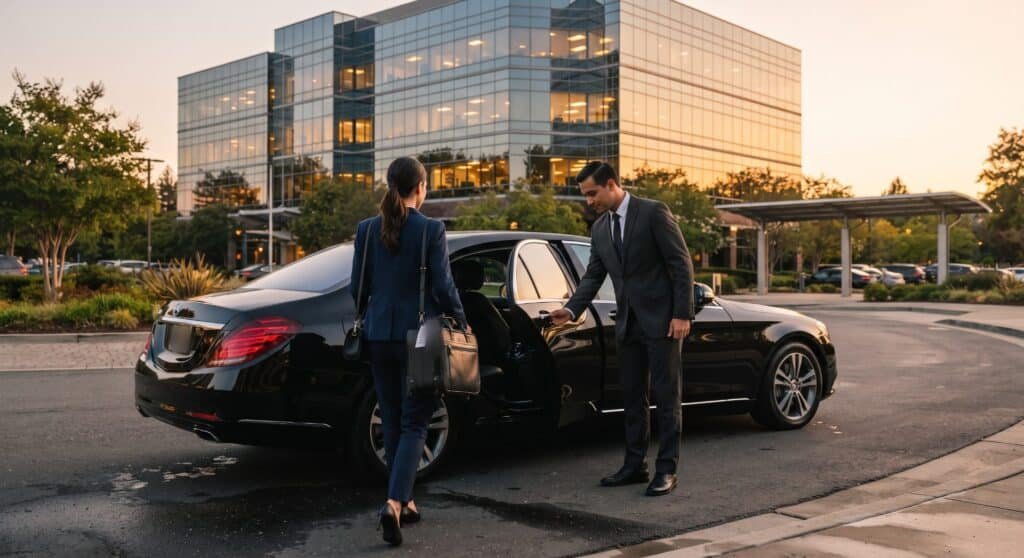 Chauffeur in a dark suit opening the rear door of a black sedan for a business traveller outside a glass office building, GTA executive car service