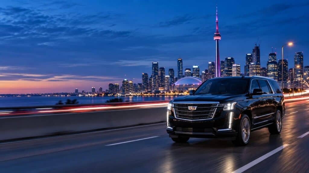 Black Cadillac Escalade on a lakeshore expressway at blue hour with the Toronto skyline and CN Tower behind, GTA limo service