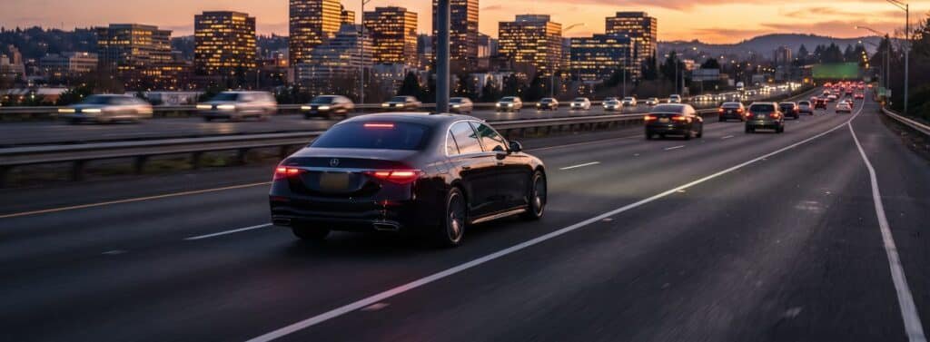 Black Mercedes sedan on a multi-lane highway at dusk past lit office towers, car service from across the GTA to Toronto Pearson