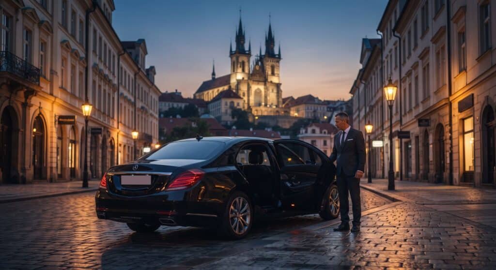 Chauffeur in a dark suit holding the rear door of a black Mercedes sedan on a lamplit stone street at dusk, Guelph limo service