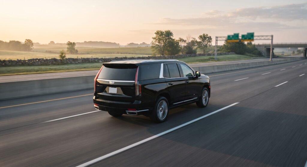 Black Cadillac Escalade SUV on a divided Ontario highway at sunrise past farmland and a stone fence, flat-rate ride from Guelph