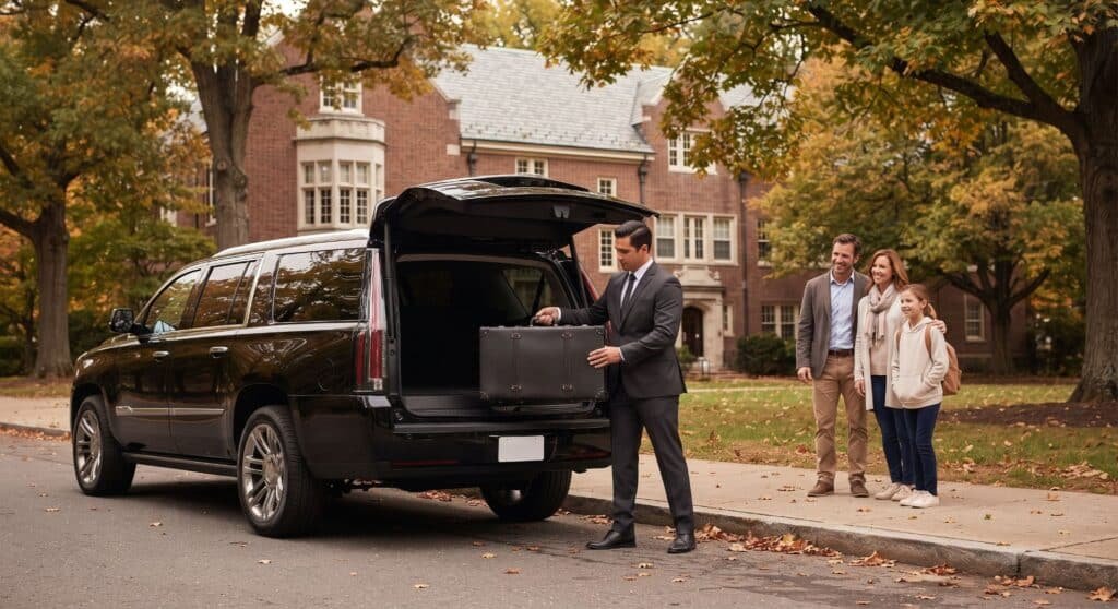 Chauffeur loading a suitcase into a black SUV outside a red-brick university residence in autumn while a family watches