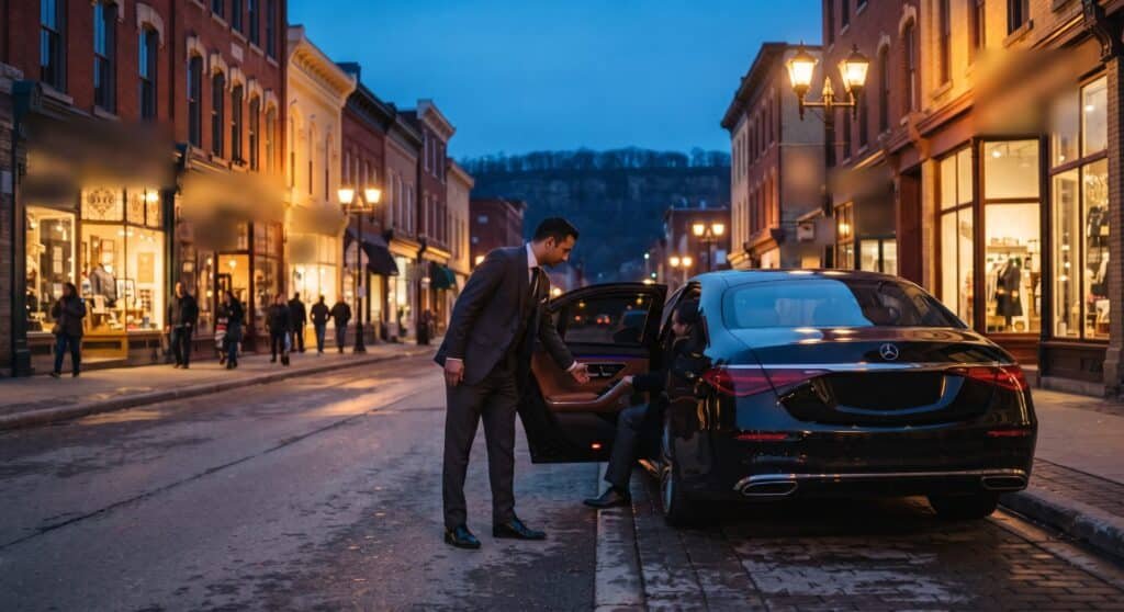 Chauffeur opening the rear door of a black Mercedes sedan on a historic brick main street below the escarpment at dusk, Hamilton limo service