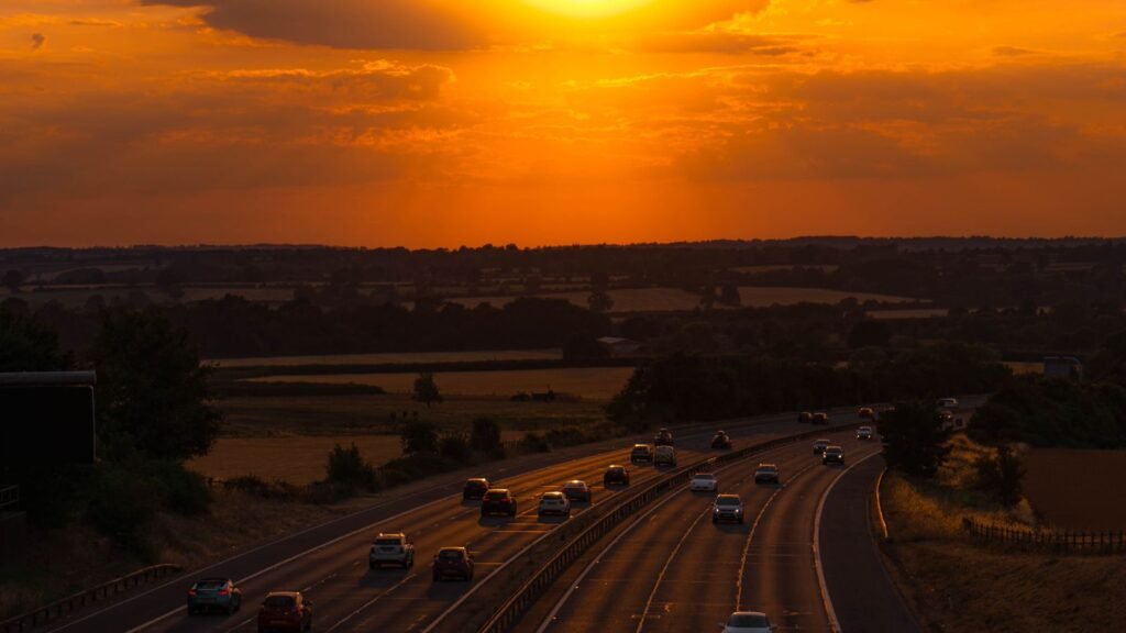 Highway traffic at sunset