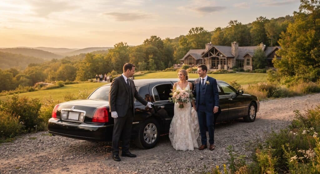 Chauffeur in white gloves opening a black stretch limousine for a bride and groom at a hillside country resort at sunset